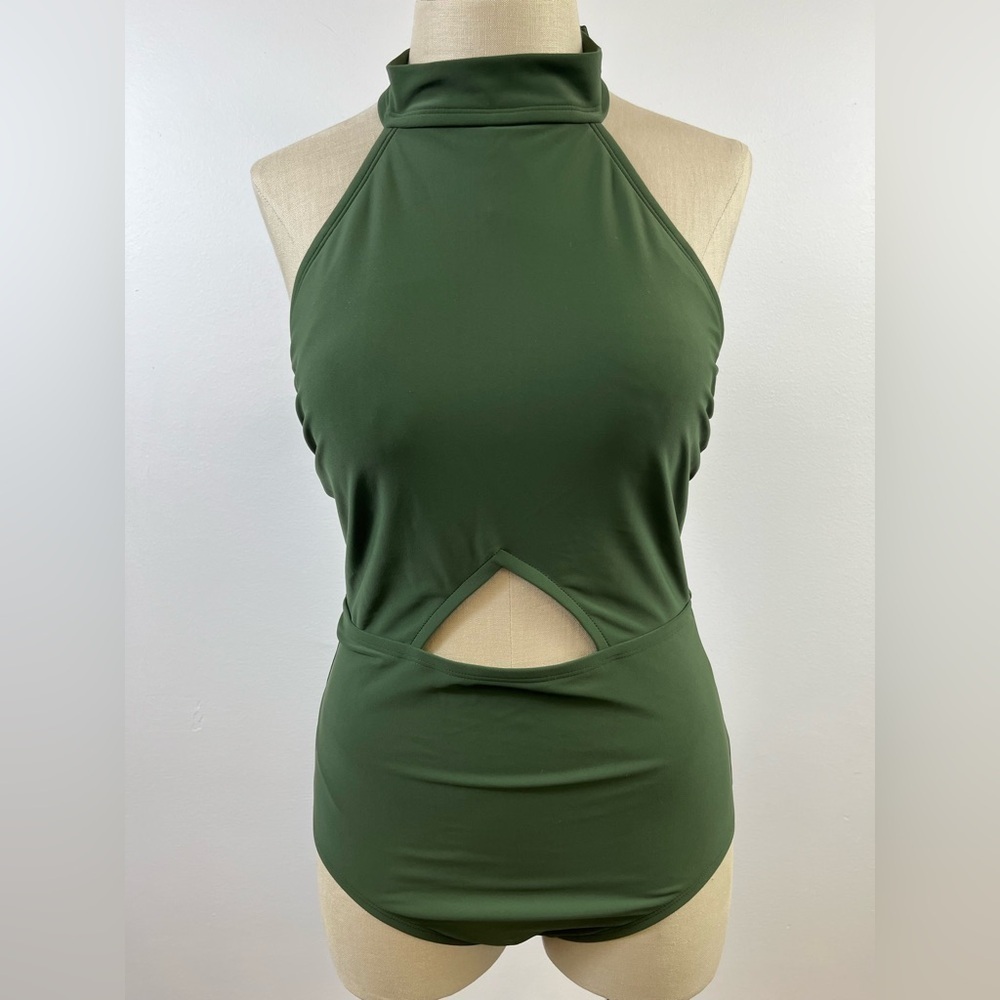 Kona Sol Green Cut-Out Halter Neck One Piece Bathing Suit, Sz MD